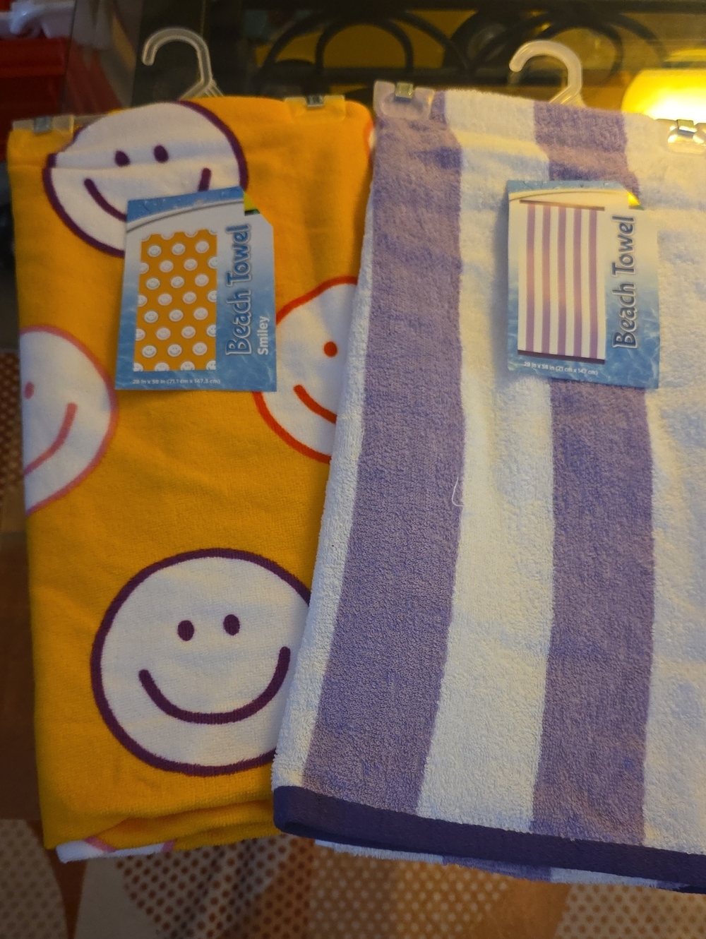 Smiley Face Yellow Beach Towel & Lavender Stripe Beach Towel - Set of 2